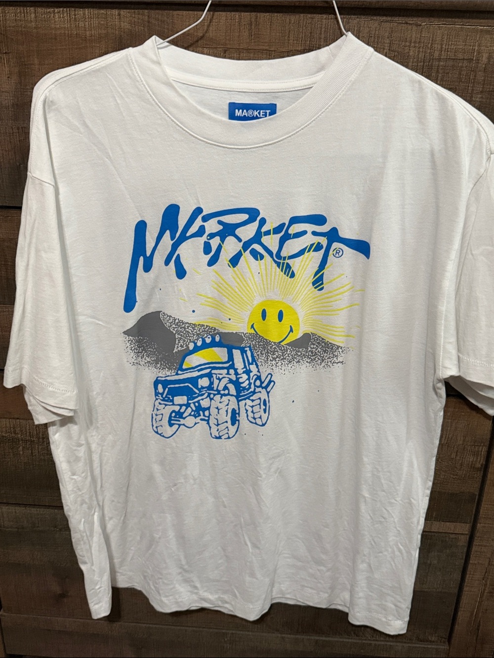 Market White Tee with Blue Off-Road Print and Yellow Sun